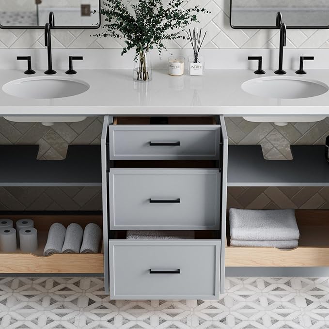 ARIEL Kelly 72-inch Bathroom Vanity with Sink,Solid Wood, 1.5-inch Pure White Quartz Countertop & Backsplash, Double Oval Porcelain Sink, 4 Soft Closing Doors, 5 Dovetail Drawers, Grey