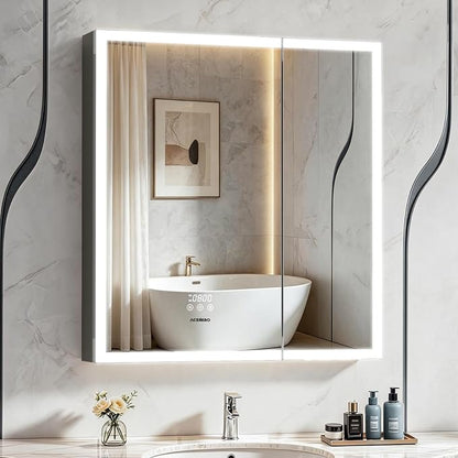 ACEMIRO 30"×32" Lighted Medicine Cabinet Mirror, Recessed Bathroom Mirror Cabinet with Lights, Defogger, Dimmer, Clock, Built-in Outlet & USB Ports, Wall-Mounted LED Bathroom Mirror, Double Door