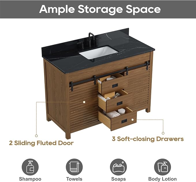 48 Inch Farmhouse Bathroom Vanity with Sink, Walnut | Pre Assembled Freestanding Bathroom Sink Cabinet, Sliding Barn Doors & Soft-Closing Drawers, Single Sink, Adjustable Feet