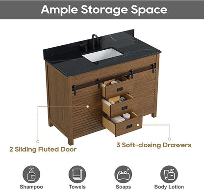 48 Inch Farmhouse Bathroom Vanity with Sink, Walnut | Pre Assembled Freestanding Bathroom Sink Cabinet, Sliding Barn Doors & Soft-Closing Drawers, Single Sink, Adjustable Feet