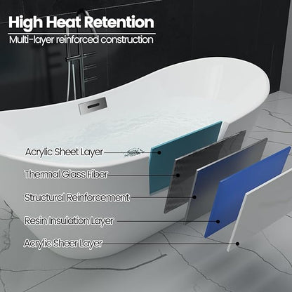 Freestanding Bathtub 67 inch, Extra Large Freestanding Bathtub, Acrylic Stand Alone Tub with Integrated Overflow and Pre-Installed Drain, Modern Free Standing Tub for Bathroom