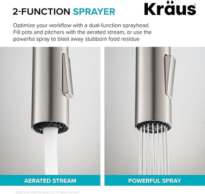 KRAUS Oletto High-Arc Single Handle Pull-Down Kitchen Sink Faucets in Brushed Brass/Matte Black, Kitchen Faucets with Pull Down Sprayer, KPF-2820BBMB