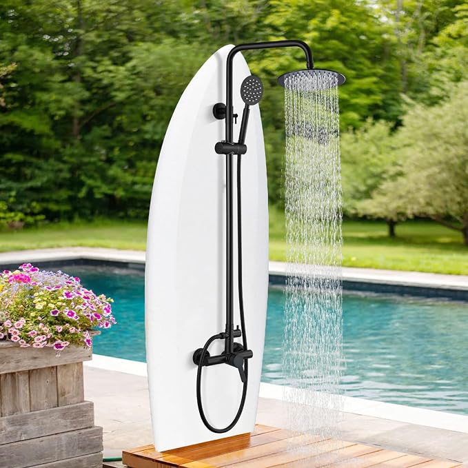gotonovo Outdoor Shower 304 Stainless Steel, Mattte Black, Single Handle | Rain 8 Inch Outdoor Shower Head with Handheld Kit Fixtures System Faucet Set with Valve Wall Mount for Seaside Backyard Pool