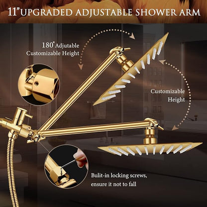 12'' Gold Shower Head with 11'' Extension Arm and 5 Setting Handheld shower | High Pressure Rainfall Shower Head Combo with Handheld, High Pressure Rain Showerhead with 60 Inch Shower Hose. Anti-Leak