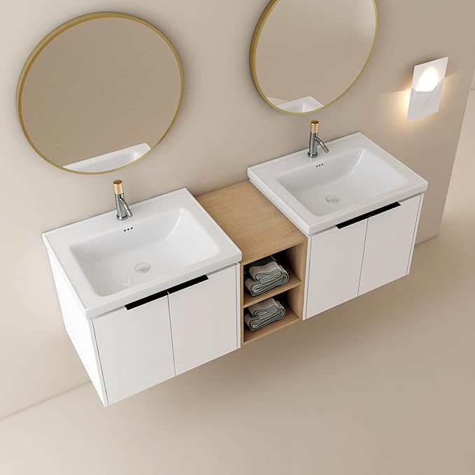 SSLine 60-Inch Double Sink Vanity Modern Wall Mounted Bathroom Vanity with Double Ceramic Sink 60" Large Floating Bathroom Vanities Set with Middle Storage Shelf & 2 Cabinet (White)