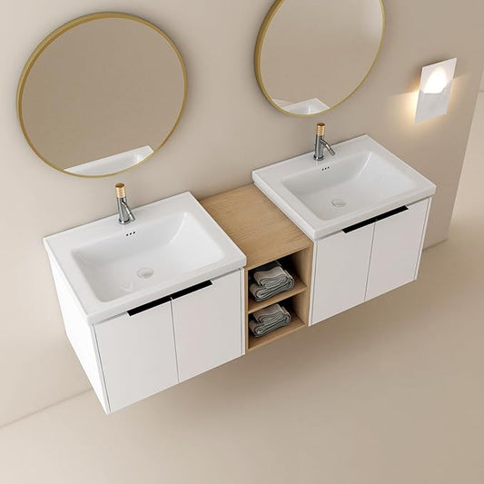 SSLine 60-Inch Double Sink Vanity Modern Wall Mounted Bathroom Vanity with Double Ceramic Sink 60" Large Floating Bathroom Vanities Set with Middle Storage Shelf & 2 Cabinet (White)
