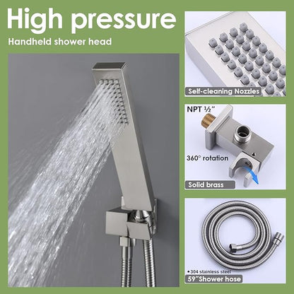 Enga Full Body Shower System with Body Sprays Jets, 12 Inch Rain Shower Wall Mounted, All Metal Multiple Shower Head System, Contain Rough-in Shower Valve, Brushed Nickel