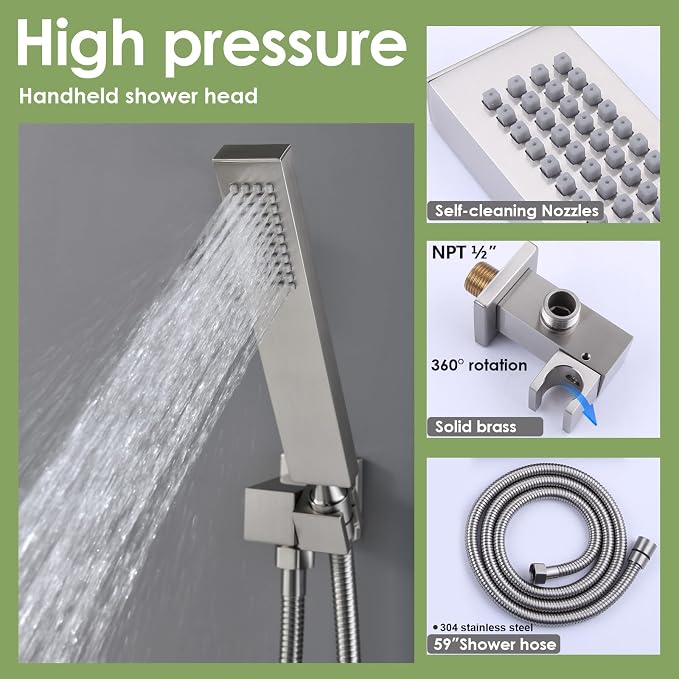 Enga Dual Shower Head System with Body Jets, 12"+ 6" Wall Mounted Dual Rain Shower Faucet with Valve Kit, Brushed Nickel