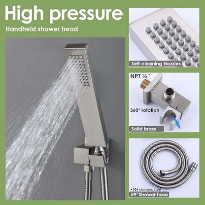 Enga Dual Shower Head Shower System with Body Jets, 12" Ceiling Mounted Rain Shower Head & 6" Wall Mounted Head Full Body Rainfall Shower Faucet with Valve Kit, Brushed Nickel