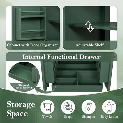 Christopher Knight Home Benton 30" Bathroom Vanity with Ceramic Sink, Wood Frame, Adjustable Shelves, Soft Close Door Hinges, Storage Cabinet with 2-Tier Door Organizer, 1 Drawer, Green