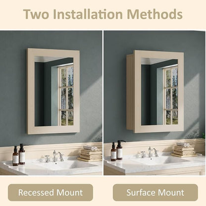 Buruis 20 x 28 Inch Bathroom Wood Medicine Cabinet Mirror, Oak Finish | Fully Assembled Design, Adjustable Glass Shelves, Soft-Close Hinges, Bathroom Storage Organizer, Left/Right Opening