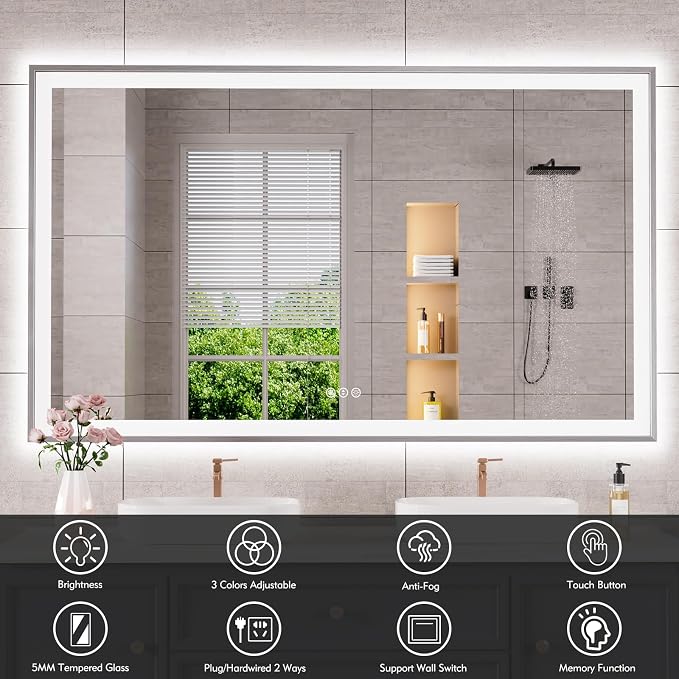 60x36 Inch LED Bathroom Mirror with Silver Frame | Silver Metal Frame, Front and Backlit, 3 Colors, Dimmable, Memory, Anti Fog, Tempered Glass, Lighted Mirror for Wall