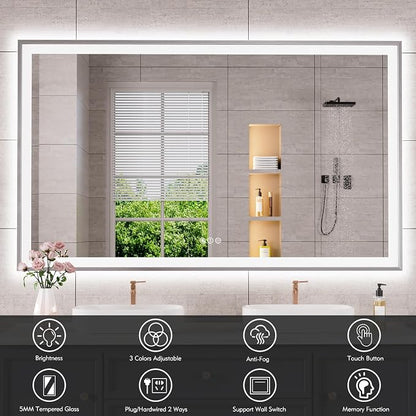 60x36 Inch LED Bathroom Mirror with Silver Frame | Silver Metal Frame, Front and Backlit, 3 Colors, Dimmable, Memory, Anti Fog, Tempered Glass, Lighted Mirror for Wall