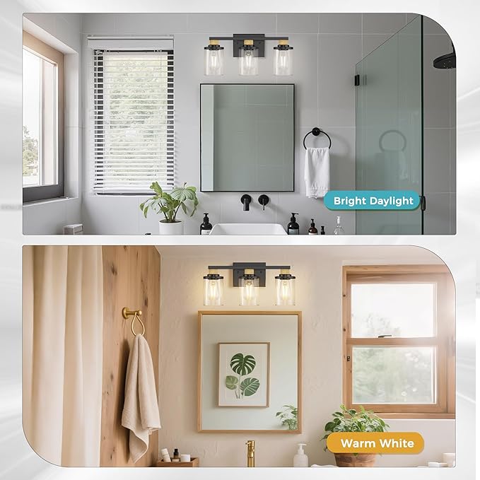 DORESshop 17 Inch Bathroom Light Fixtures, 3-Light Black & Rope Bathroom Lighting Fixtures Over Mirror with Clear Glass Shade, Vanity Lights for Living Room Bedroom