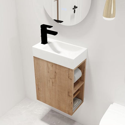 Malwee 16" Floating Bathroom Vanity with Sink, 16 Inch Single Sink Wall Mounted Bathroom Vanity, with 1 Door and White Resin Basin Top for Small Space, Plywood Cabinet Storage(050-16)