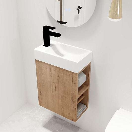 Malwee 16" Floating Bathroom Vanity with Sink, 16 Inch Single Sink Wall Mounted Bathroom Vanity, with 1 Door and White Resin Basin Top for Small Space, Plywood Cabinet Storage(050-16)