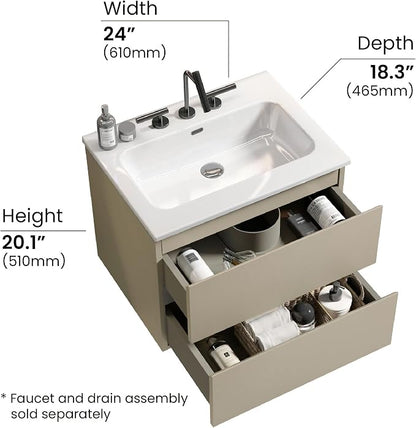 24" Bathroom Vanity with Sink, Modern Floating Vanity with Double Soft Closing Drawers, Large Storage for Small Space, Space Gray, Fully Assembled - Iris Collection
