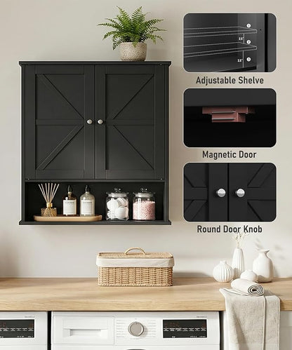 23.6" W x 27.6" H Large Black Bathroom Wall Cabinet with Adjustable Shelf, Farmhouse Medicine Cabinet with 2 Barn Doors, Wooden Over The Toilet Storage Cabinet for Kitchen, Laundry, Entryway