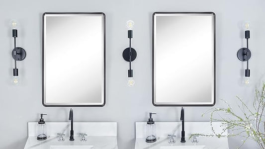 TEHOME Farmhouse Oil Rubbed Bronze Recessed Bathroom Medicine Cabinet with Mirror Rounded Rectangle Metal Framed Medicine Cabinet with Beveled Mirror 16x24''