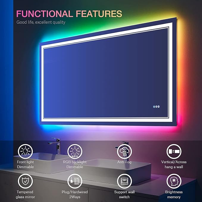 40x32 Inch RGB LED Bathroom Mirror with Lights | Front and RGB Backlit, Dimmable, Memory, Anti Fog, Shatterproof, Horizontal/Vertical, Lighted Mirrors for Bathroom Wall