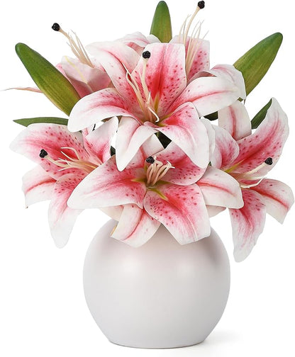 Artificial Lily Flowers with Ceramic Vase, Pink Silk Lily Flower Arrangement, Fake Flowers in Vase Centerpiece, Artificial Floral Arrangement for Table Decor, Shelf, Bathroom, Wedding, Home Decoration