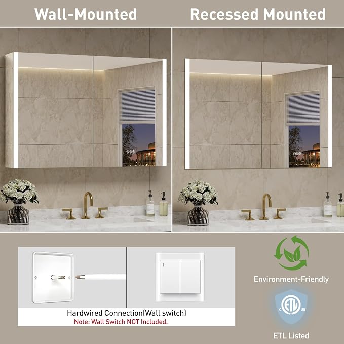 48 x 32 Inch Medicine Cabinet with Mirror and LED Light for Bathroom | Recessed, Wall-Mounted, Dimmable, Anti-Fog, Memory Function, 3 Color Mode, Outlet&USB, Adjustable Shelf, ETL Listed, Aluminum