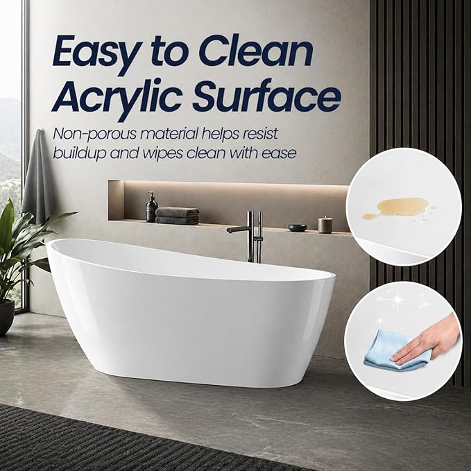 59 Inch Acrylic Freestanding Bathtub, Deep Soaking Tub with Non-Slip Base, cUPC Certified Free Standing Modern Bath Tub with Chrome Drain, Easy-Clean White Soaking Tub for Bathroom, Home Spa