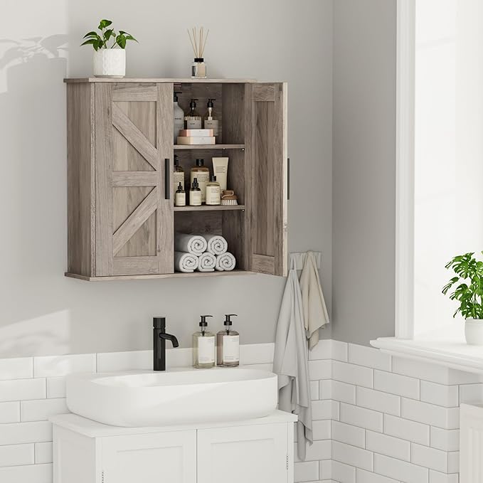 Bathroom Wall Cabinet, Over Toilet Storage Cabinet with Barn Doors and Adjustable Shelves, 3-Tier Medicine Cabinet Wall Mounted, for Bathroom, Kitchen, Entryway, Laundry Room, Greige, (7.9" D)