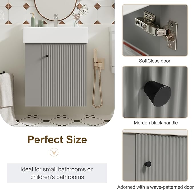 Merax Floating Bathroom Vanity with Sink Combo, 20" Wall Mounted Cabinet with Wood Stripes Decor, Open Shelf, One Piece Sink Basin Bathroom Vanity, Gray