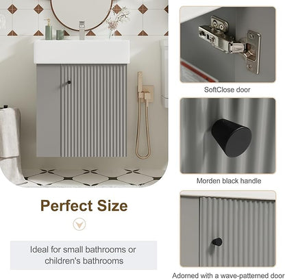 Merax Floating Bathroom Vanity with Sink Combo, 20" Wall Mounted Cabinet with Wood Stripes Decor, Open Shelf, One Piece Sink Basin Bathroom Vanity, Gray
