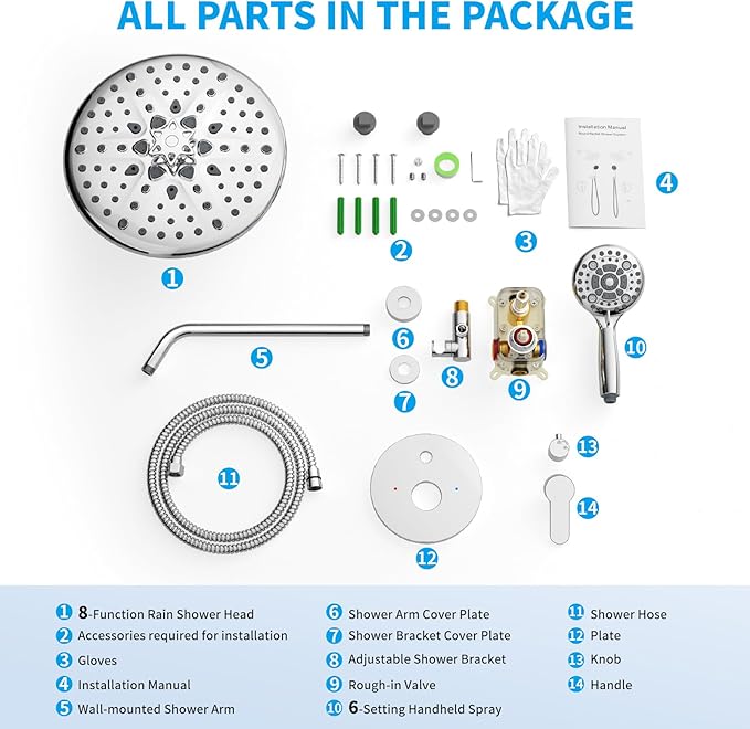 EMBATHER Shower Faucet Sets - Overhead Rain Head Shower System with High Pressure Handheld Complete Combo and Mixer Valve Trim Kit - Polished Chrome Rainfall Shower Fixture for Luxury Bathroom