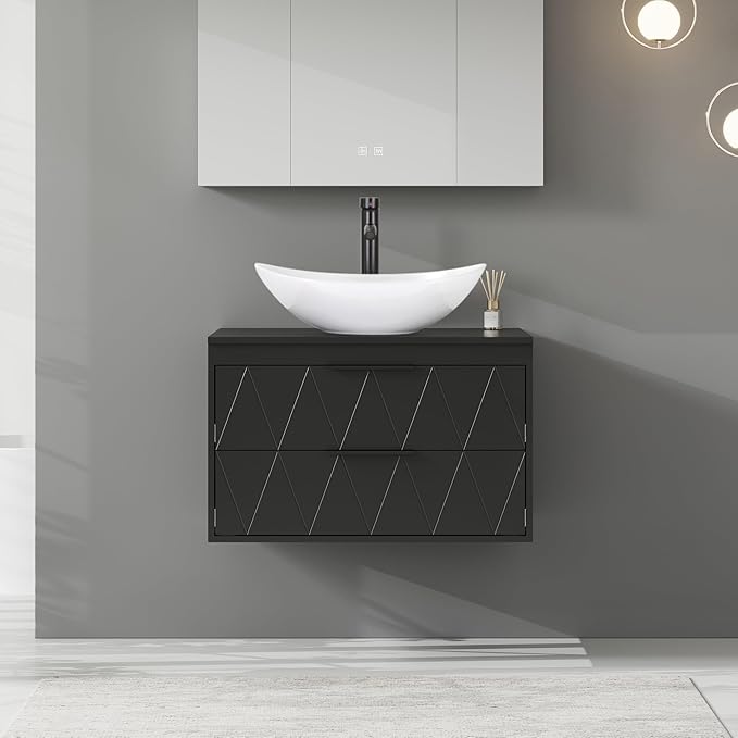 eclife 30" Floating Bathroom Vanities with Sink Combo, Wall Mounted Modern Cabinet W/Diamond Line Pattern Design, White Boat Ceramic Vessel Sink W/Water Save Faucet & Pop Up Drain, Black