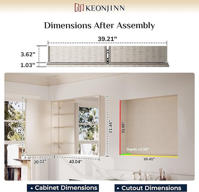 Keonjinn Medicine Cabinet Mirror 40" x 32", Assembly Needed, Brushed Nickel Medicine Cabinet with Mirror for Bathroom, Beveled Framed, Adjustable Shelves, Wall-Mounted or Recessed, Tempered Glass