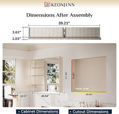 Keonjinn Medicine Cabinet Mirror 40" x 32", Assembly Needed, Brushed Nickel Medicine Cabinet with Mirror for Bathroom, Beveled Framed, Adjustable Shelves, Wall-Mounted or Recessed, Tempered Glass
