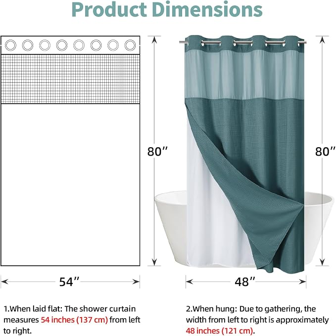 eachope SeawedGreen No Hook Waffle Weave Shower Curtain with snap-in Liner Replacement, 230GSM Waterproof Fabric Hotel Shower Curtain Set for Bathroom, Through Mesh Top Window,54Wx80H | 230GSM waffle weave fabric, waterproof liner set with 2 bottom mag...