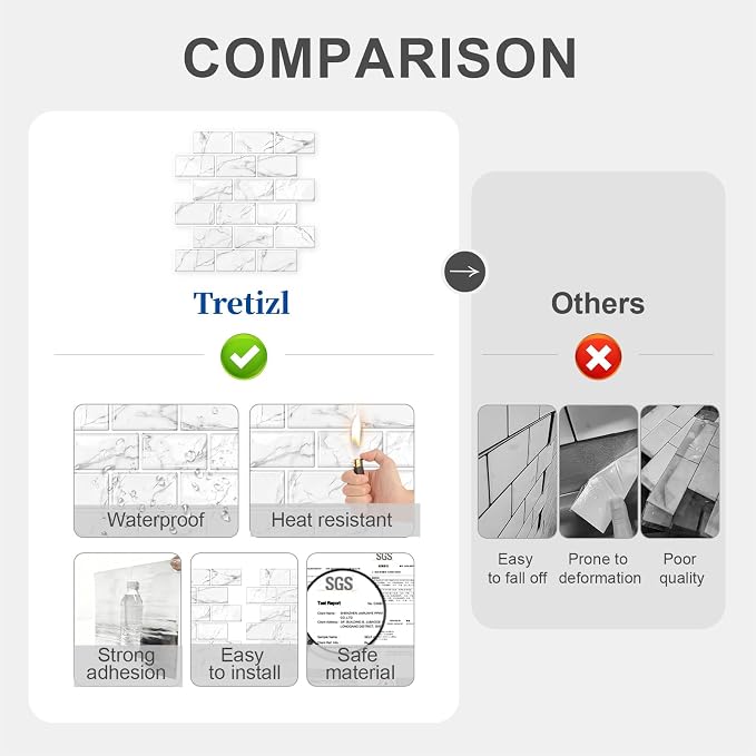 10 Sheets Thicker Design Peel and Stick Backsplash, 12"x12" Peel and Stick Wall Tiles, Subway Look Marble Tiles Backsplash for Kitchen and Bathroom, Calacatta White
