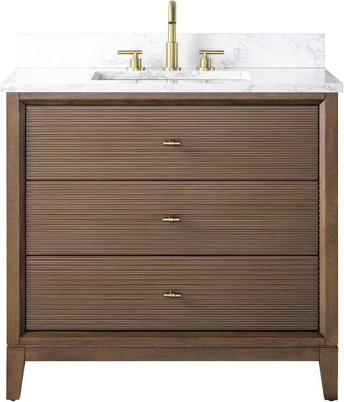 Vanity Art 36" Bathroom Vanity with Single Sink & Arabescato White Engineered Stone Top, Vanity Cabinet with Soft Closing Door, Solid Wood Frame, Golden Brushed Handles, Walnut VA8136-Walnut-GB