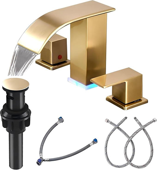 Brushed Gold Waterfall Bathroom Faucet 8 inch Widespread Vanity faucets Modern Faucet 3 Hole 2 Handle Gold Sink Faucet for Bathroom with LED(Brushed Gold)
