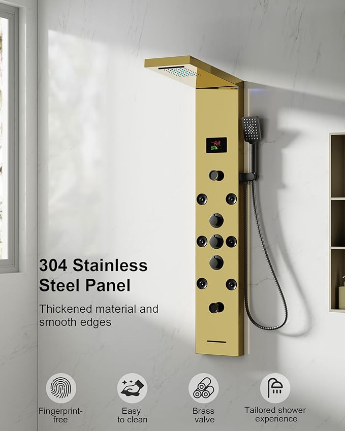 Homevacious Polished Gold 5 In 1 Shower Panel Tower System LED Rain Waterfall Shower Head and Adjustable Massage Body Jets 3 Settings Handheld Head and Tub Spout Stainless Steel Bathroom Panel
