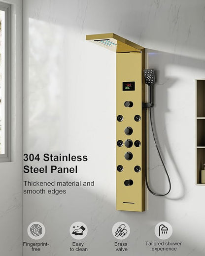 Homevacious Polished Gold 5 In 1 Shower Panel Tower System LED Rain Waterfall Shower Head and Adjustable Massage Body Jets 3 Settings Handheld Head and Tub Spout Stainless Steel Bathroom Panel