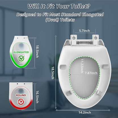 Raised Elongated Toilet Seat 18.5'' for Seniors – Soft Close, Quick Release & Connect, Sturdy PP Material, Won’t Loosen, Ideal for Elderly & Limited Mobility, White