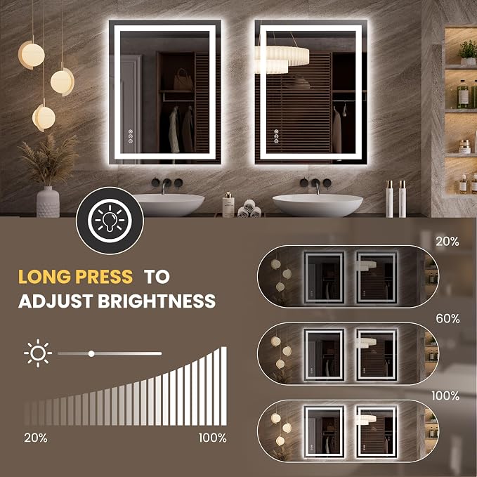 LOAAO 27.6"x35.4" LED Bathroom Mirror with Lights, UL Listed | Anti-Fog, Dimmable, 3 Color Temperature, Backlit + Front Lit, Memory Function, Tempered Glass