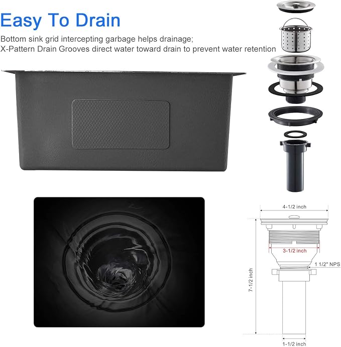 22"x18" Drop-In Single Bowl Sink Black Stainless Steel Handmade | 22 inch Drop-in Kitchen Sink | SUS304 SS | Topmount | Single bowl | 9" Deep Basin | Bar/prep area