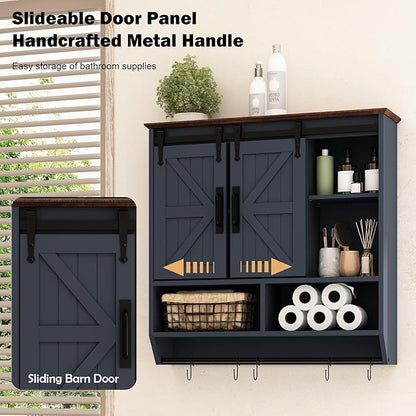 RUSTOWN Farmhouse Bathroom Wall Cabinet,3-Tier Rustic Wood Wall Mounted Cabinets,Vintage Medicine Cabinet with Sliding Barn Door and Adjustable Shelves,Over The Toilet Storage Cabinet (Navy Blue)