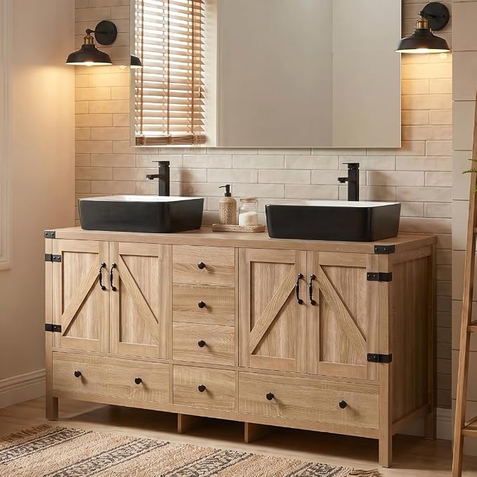 60 inch Natural Color Bathroom Vanity, Rustic Fixture Standing Pedestal Cabinet with Two Black and White Ceramic Vessel Sinks