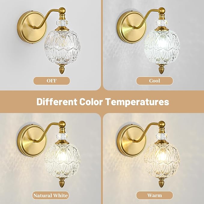 1 Piece Vintage Wall Sconce, 1-Light Mid Century Brushed Gold Finish Wall Sconce with Globe Glass Shade, Retro Light for Bathroom, Bedroom, Living Room,Powder Room