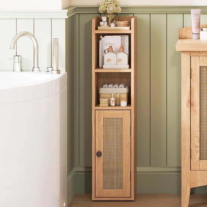 ChooChoo Small Bathroom Storage Cabinet with Adjustable Shelf | 7.1“W * 7.9”D, Corner Floor Cabinet, Narrow Toilet Paper Cabinets, Slim Bathroom Organizers, Small Spaces, Bathroom, Natural