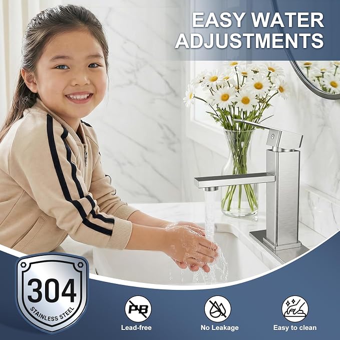 Jlorilaisa Brushed Nickel Bathroom Faucet Single Hole with Pop-Up Drain | Single Handle Bathroom Sink Faucet with Deck Plate, Suitable for RV, Farmhouse, Vanity Sinks, 1 or 3 Hole Installation