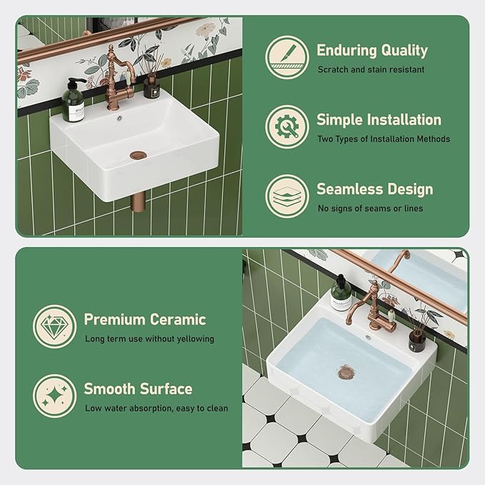 18x16 Inch Wall Mount Rectangle Bathroom Sink White Ceramic Small Vessel Sink Modern Vanity Classic Lavatory Basin Sinks