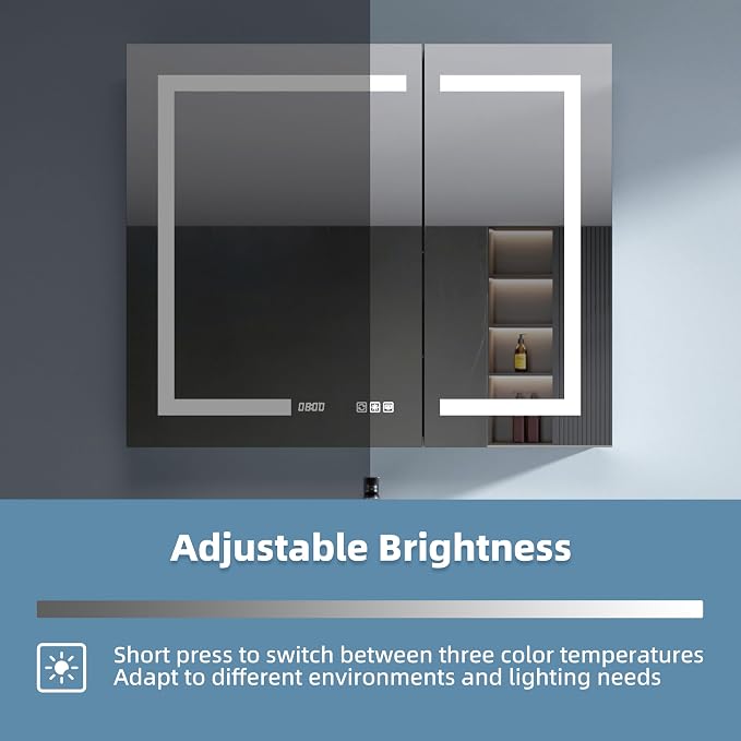 Medicine Cabinet with Lights 36x30 Anti-Fog Mirror Dimmable | 3 Color Dimmable LED. Time/Temp Display. Anti-Fog IP44. 2 Outlets+2 USB. Plug-in/Hardwired. Recessed/Surface Mount.